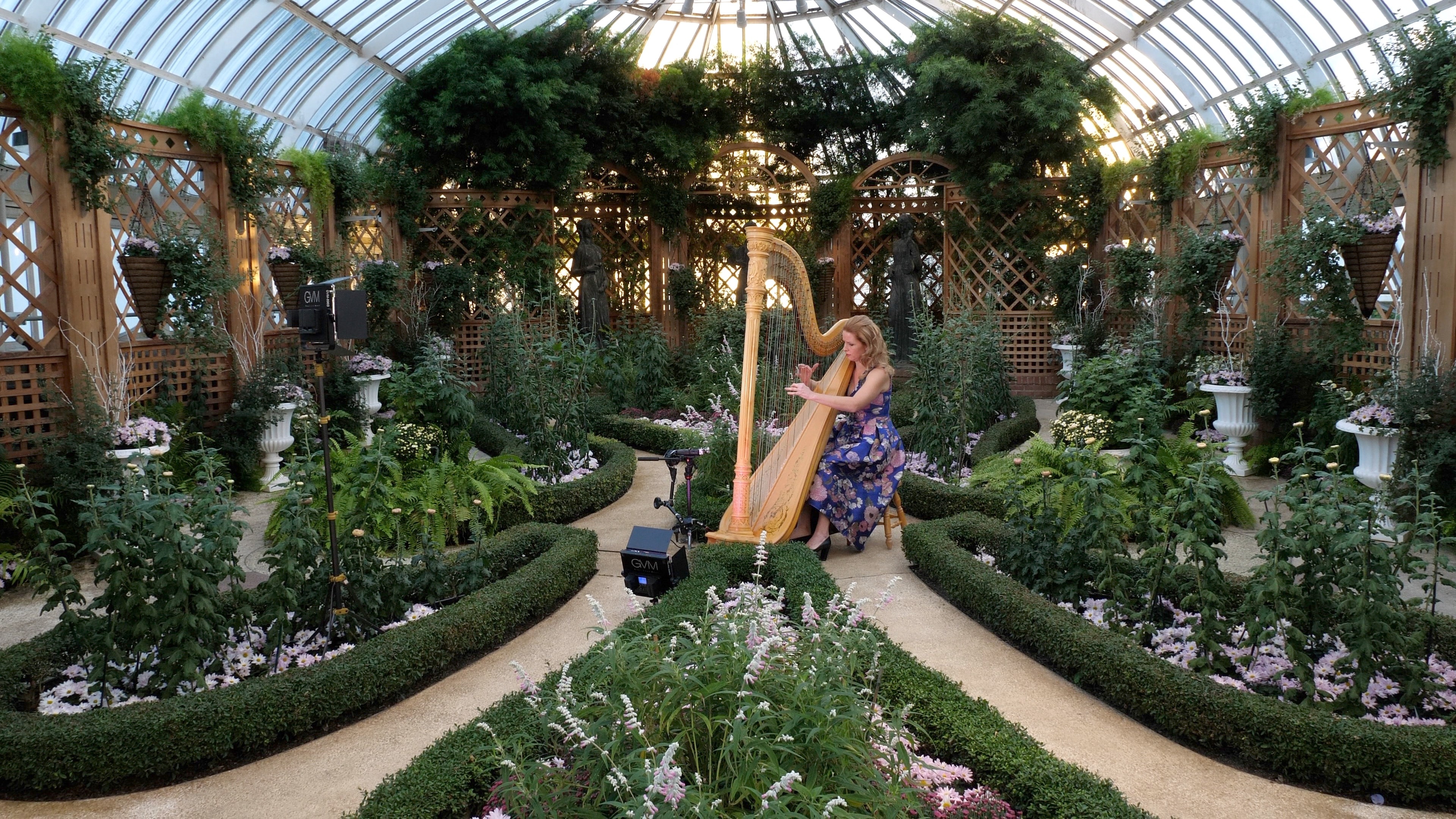 Marissa Knaub Avon performing harp at Phipps Conservatory greenhouse event